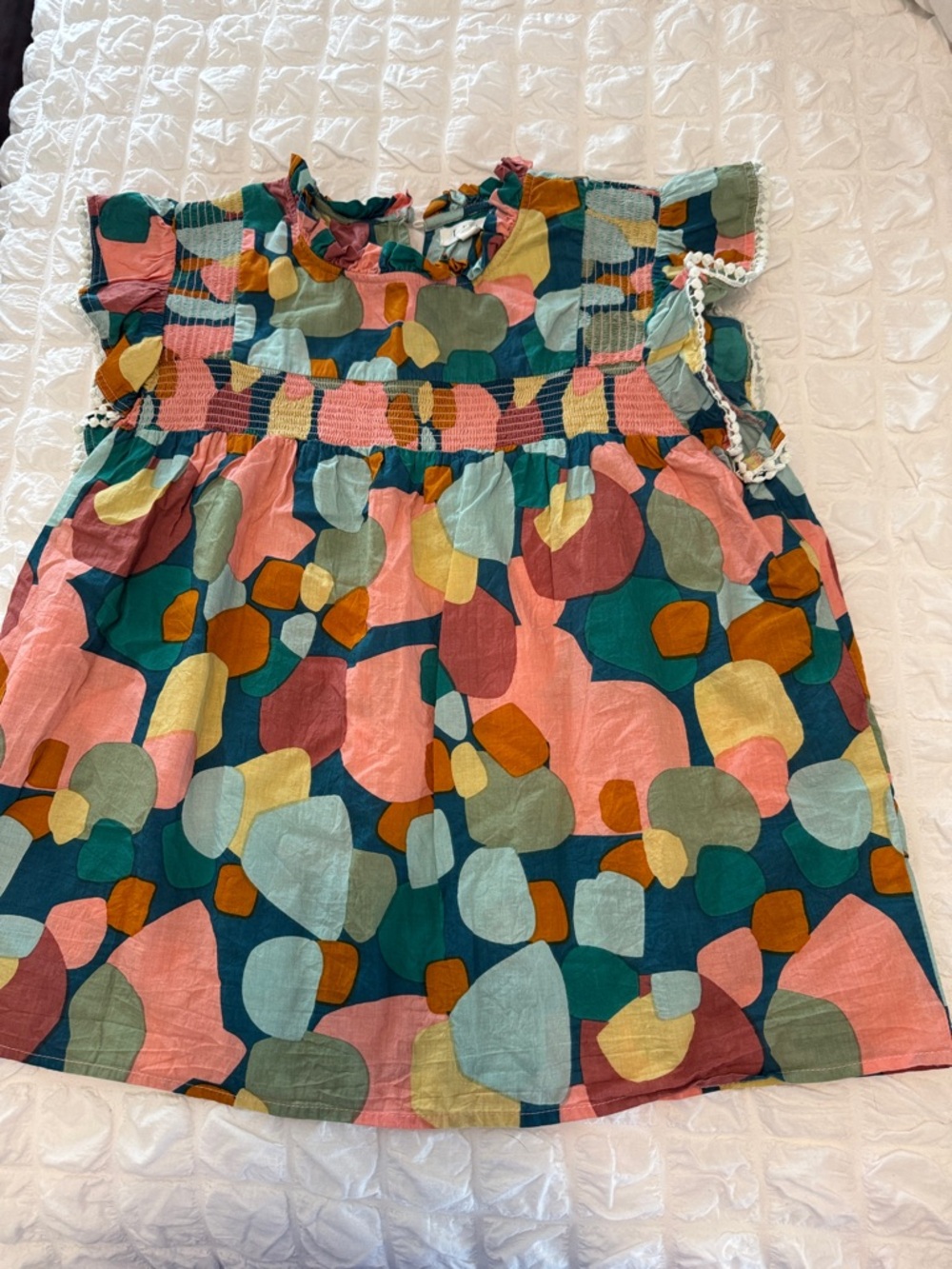 THML Multicolor Abstract Smocked Dress in Teal, Pink & Mustard